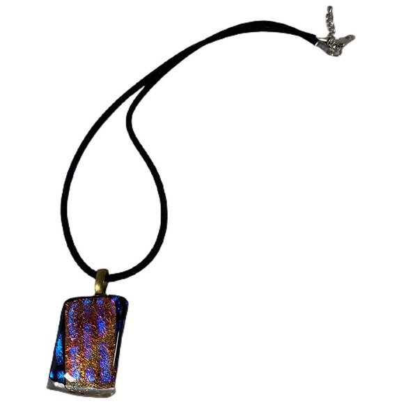 Handmade Art Glass Bubble Foil Style Black Blue Silver Tones Pendant Jewelry - Picture 2 of 4